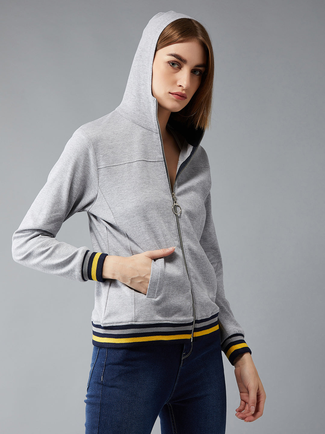 Women's Grey Mock Collar Full Sleeves Premium Cotton, Rib Solid Hooded Regular Length Jacket