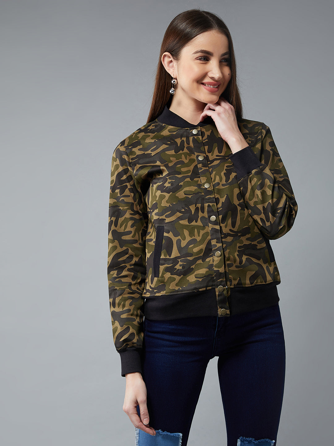 Women's Multicolor-Base Olive Green Stand Collar Full Sleeves Cotton Bomber Regular Length Jacket