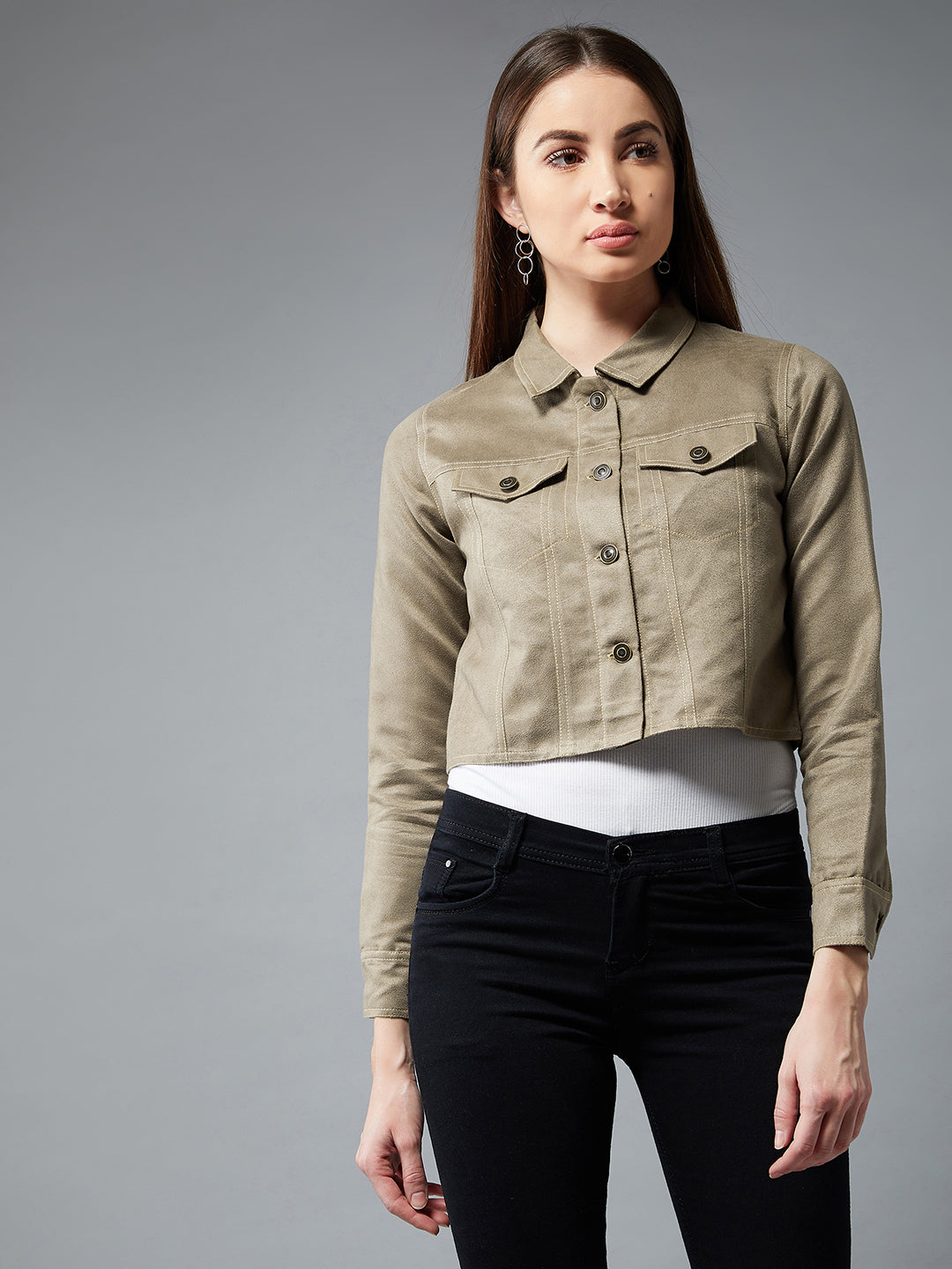 Women's Olive Green Collared Full Sleeves Paneled Cropped Jacket