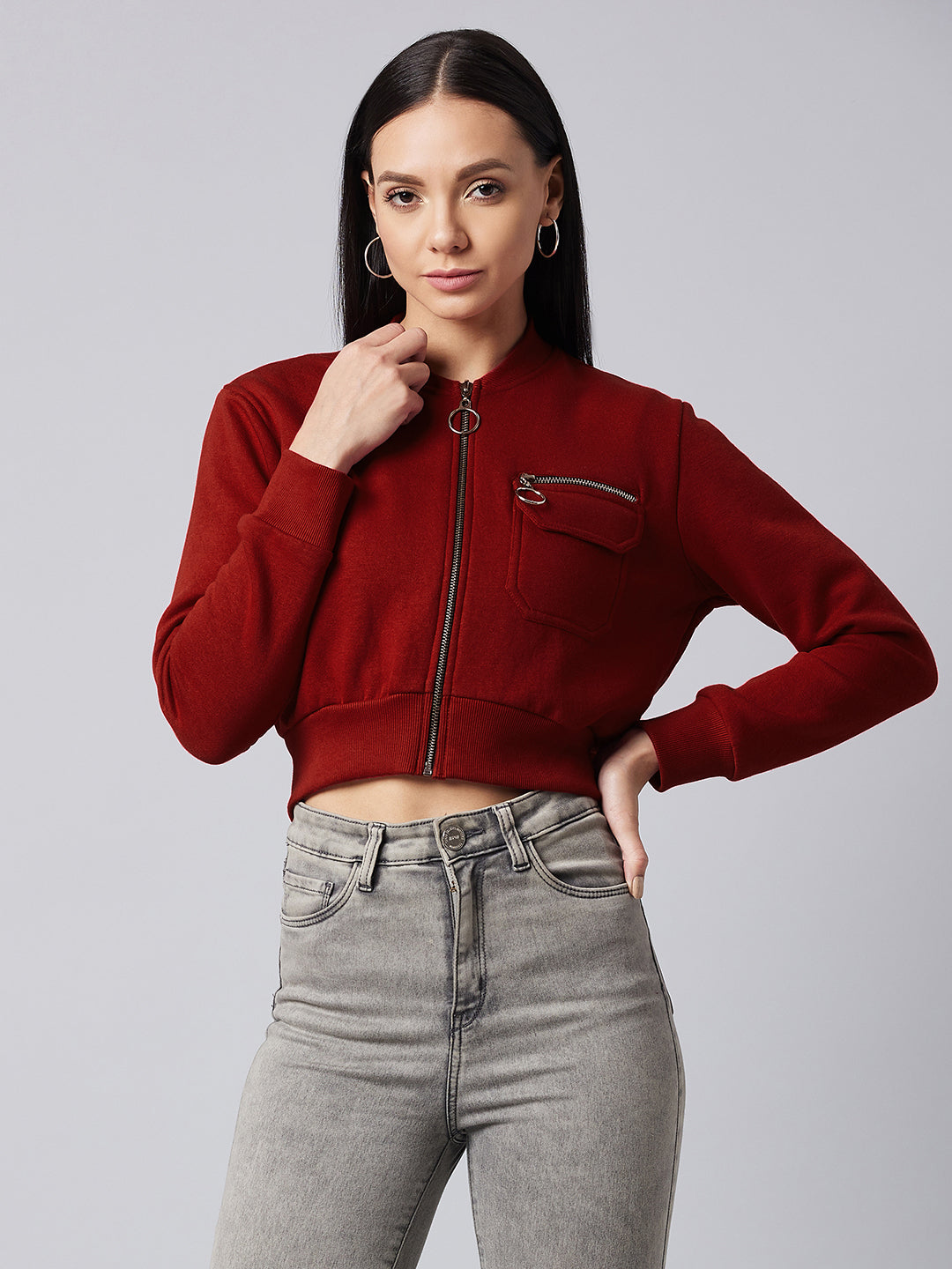 Women's Maroon Stand Collar Full Sleeve Solid Bomber Crop Jacket