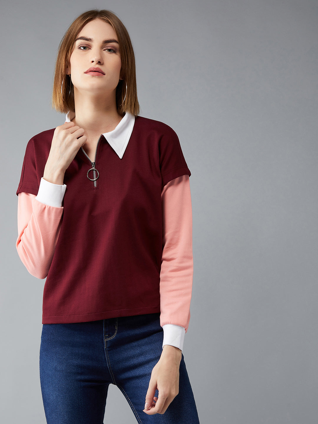 Women's Multicoloured- Base-Maroon Round Neck Full Sleeves Solid Color Block Regular Length Boxy Sweatshirt