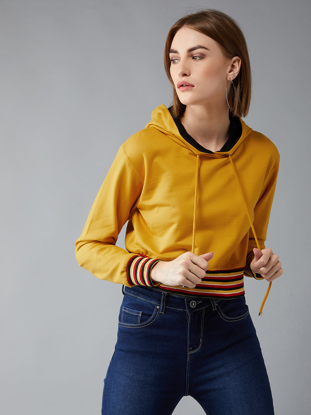 Women's Mustard Yellow Hooded Full Sleeves Loopknit, Rib Solid Boxy Cropped Eyelet Detailing Sweatshirt