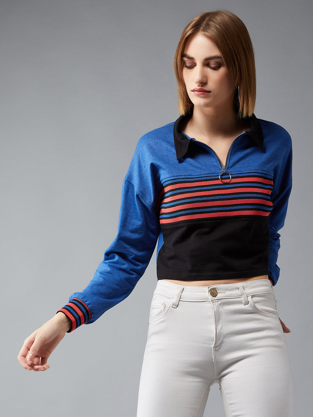 Women's Multicolored- Base- Azure Blue Collared Full Sleeves Loopknit, Rib Striped Color-Block Boxy Cropped Sweatshirt