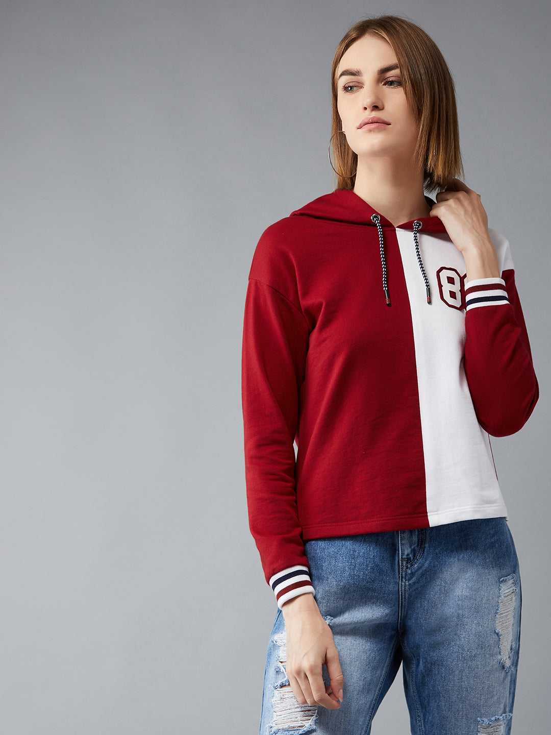 Women's Maroon & White Hooded Full Sleeves Loopknit, Rib Solid Color-Block Drop Shoulder Regular Length Sweatshirt