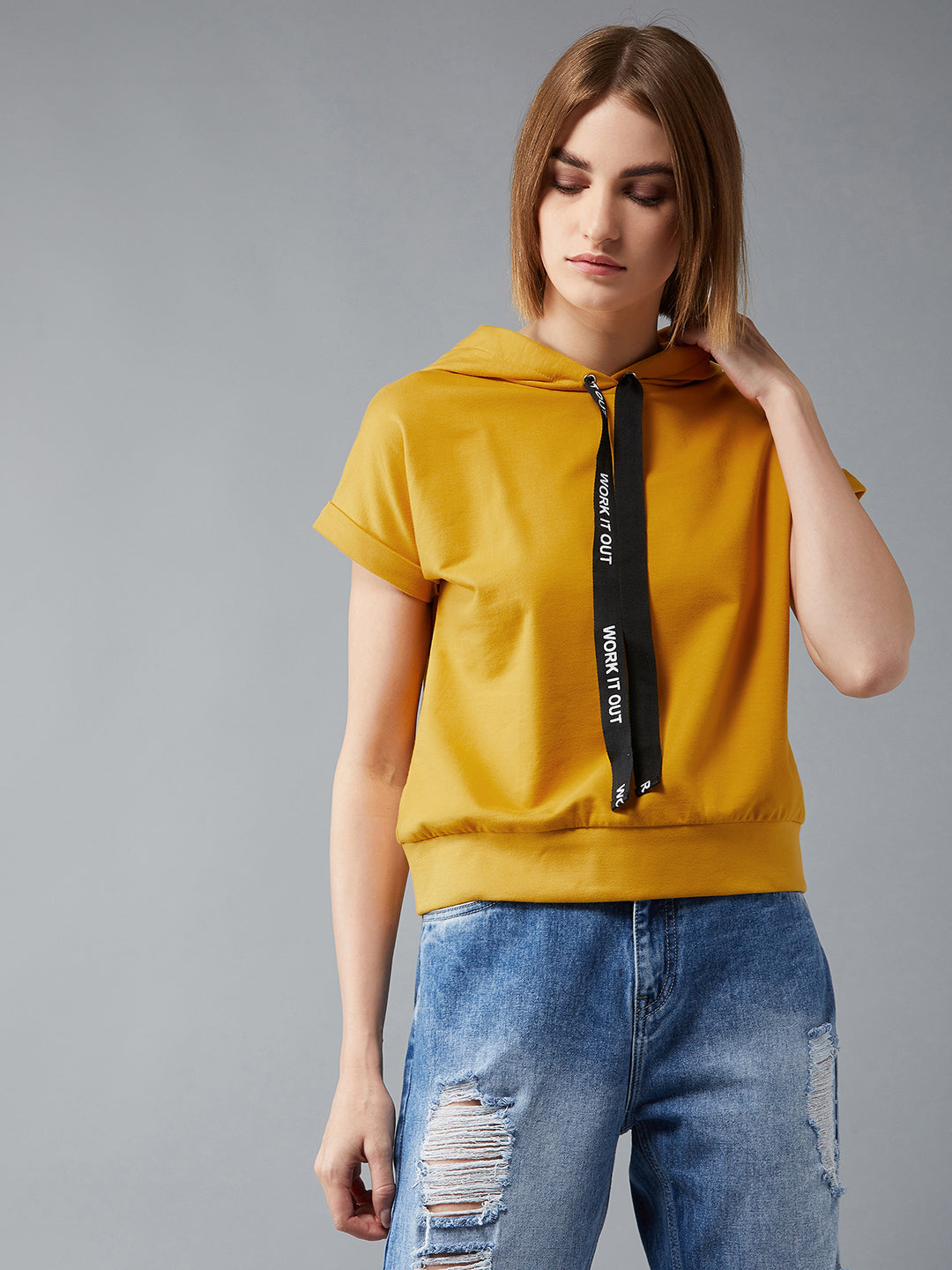 Women's Mustard Yellow Hooded Cap Sleeves Solid Boxy Regular Length Twill tape Detailing Sweatshirt