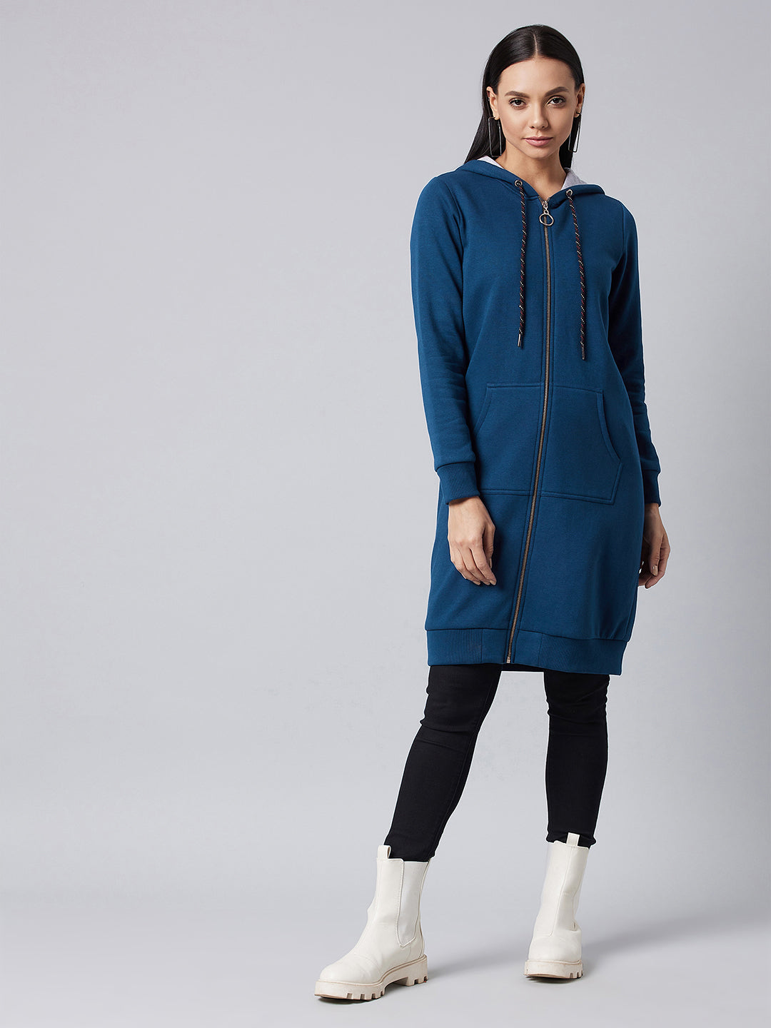 Women's Navy Blue Hooded Full Sleeve Solid Hooded Knee Length Dress