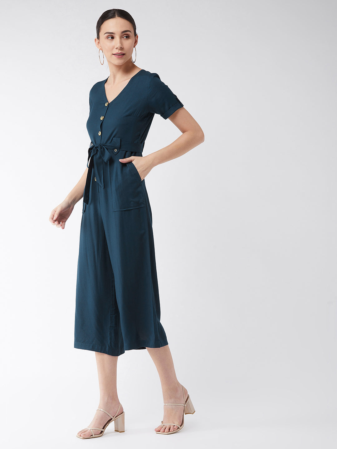 Women's Blue Solid Rayon Regular Fit V Neck Half Sleeve Crop Length Jumpsuit