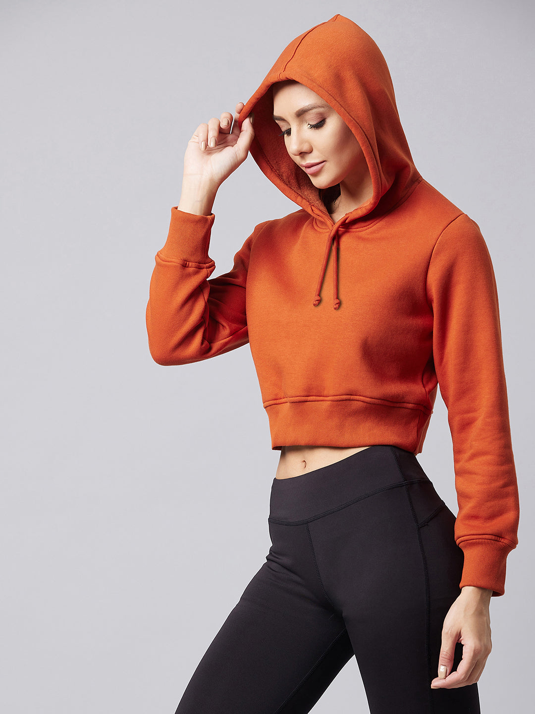 Women's Rust Round Neck Full Sleeve Solid Crop Crop Sweatshirt