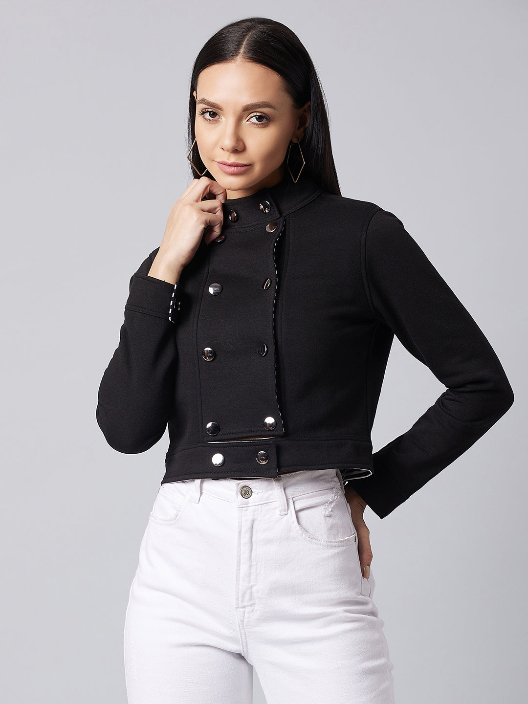 Women's Black Round Neck Full Sleeve Solid Paneled Crop Jacket