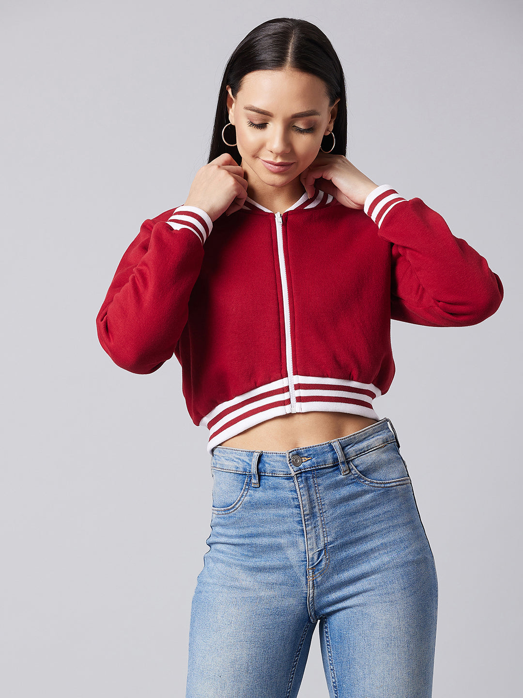 Women's Maroon V-Neck Full Sleeve Solid Bomber Crop Jacket