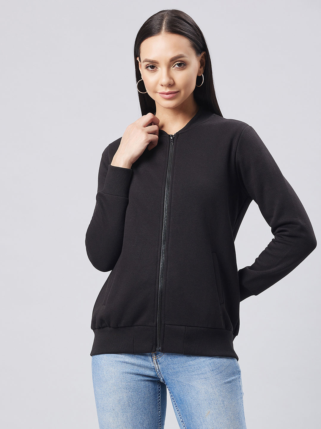 Women's Black V-Neck Full Sleeve Solid Bomber Regular Jacket