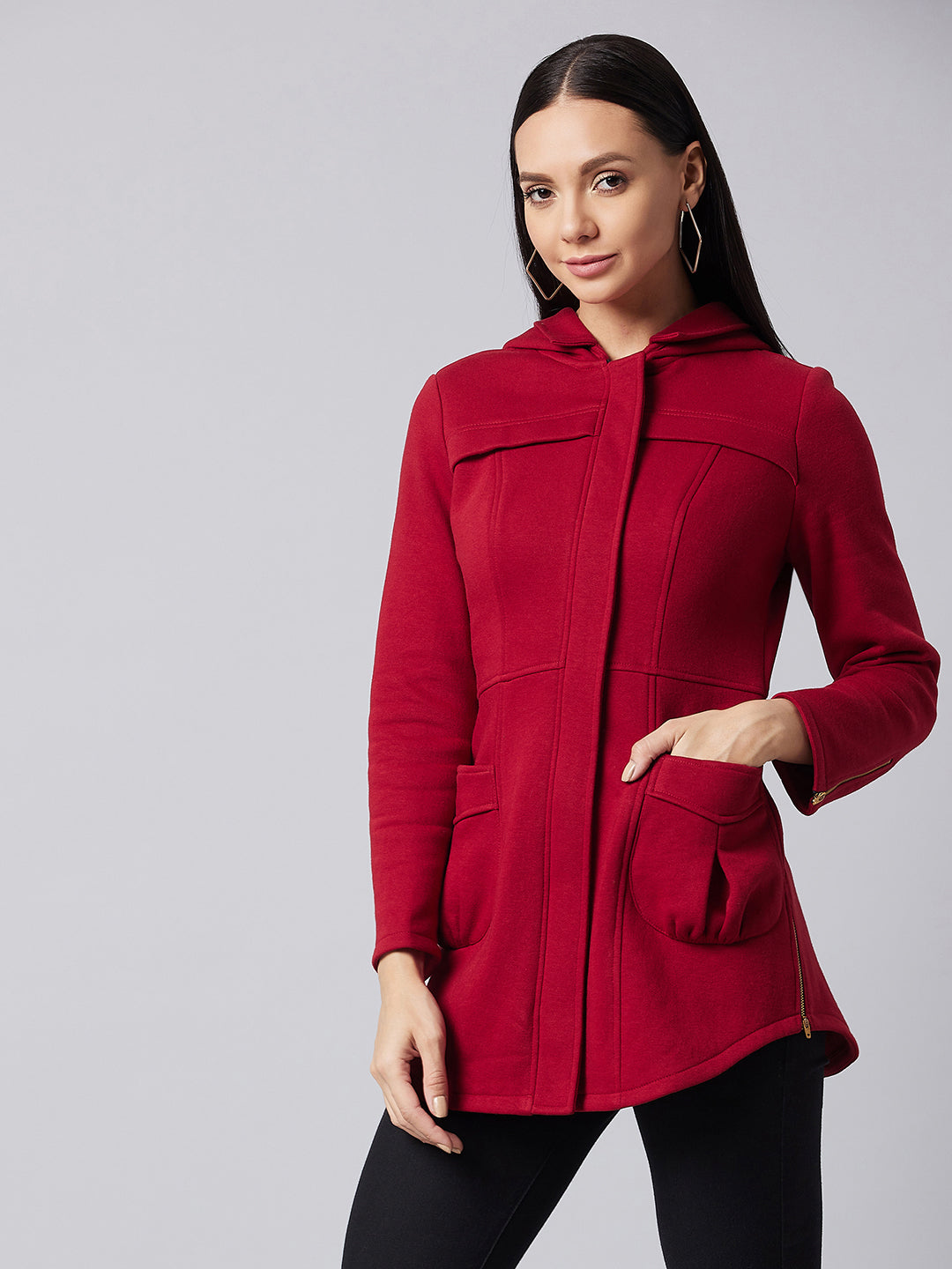 Women's Maroon Hooded Full Sleeve Solid Hooded Longline Jacket