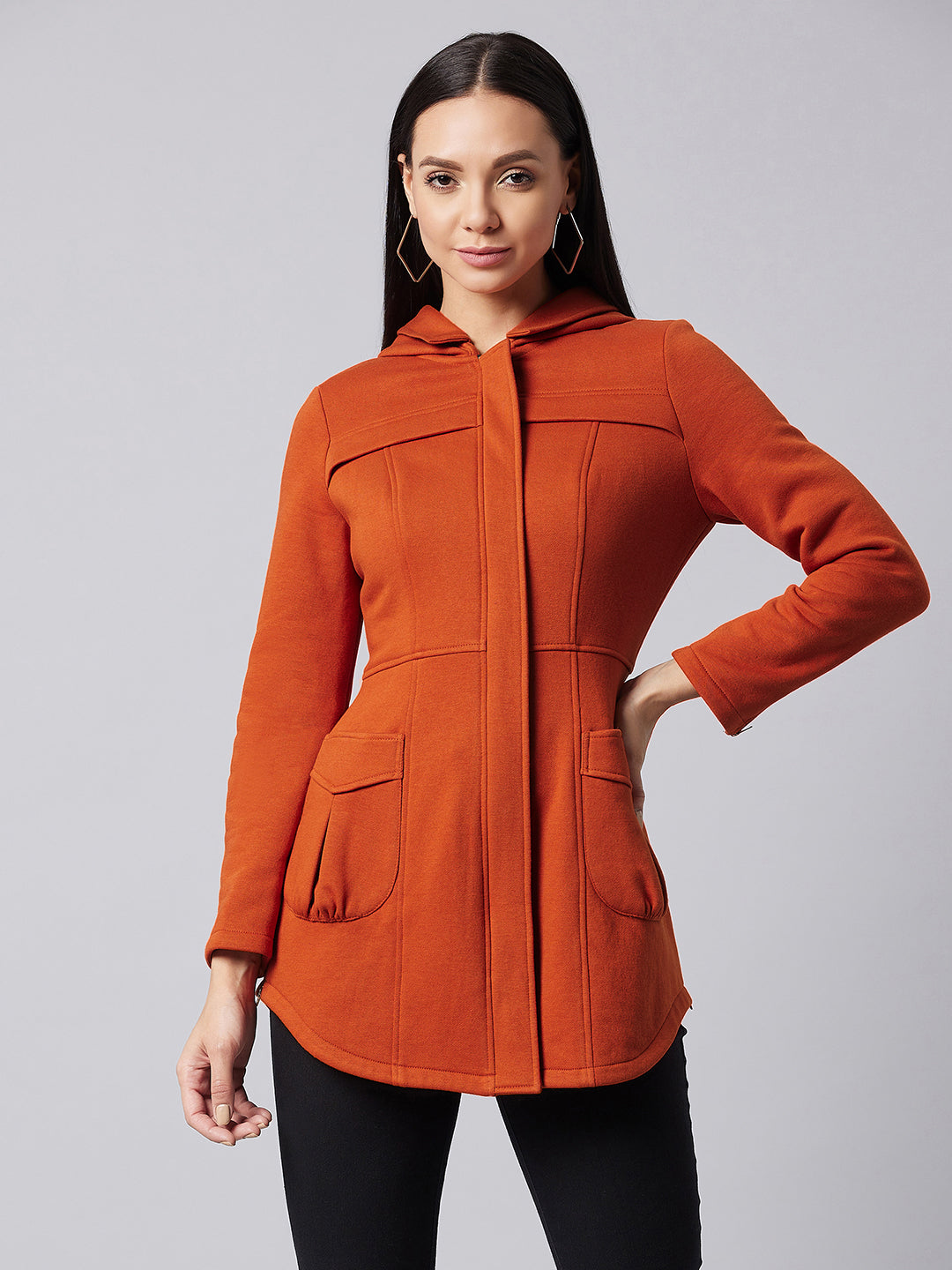 Women's Rust Hooded Full Sleeve Solid Hooded Longline Jacket