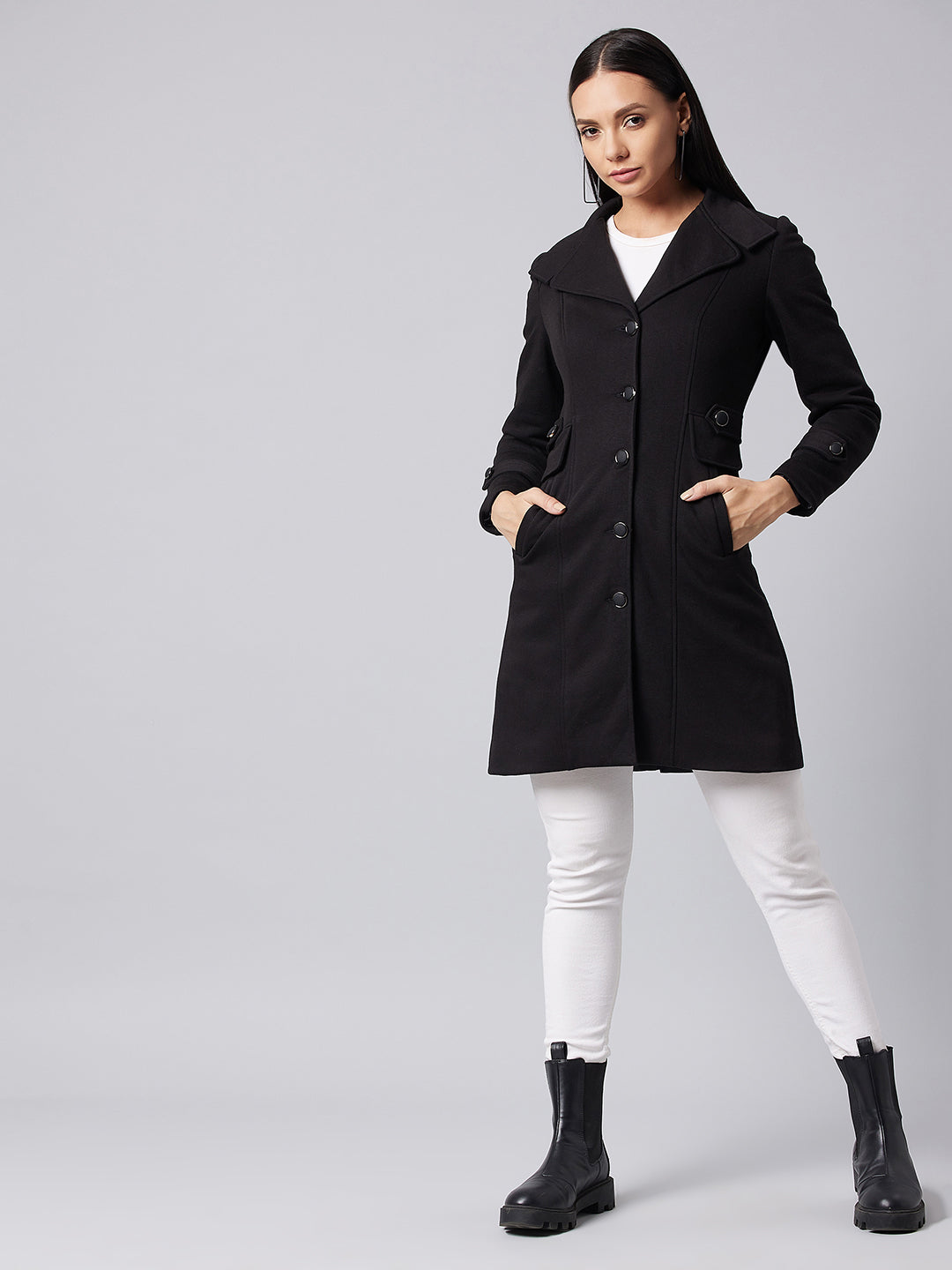 Women's Black Notch Collar Full Sleeve Solid Front-Open Longline Jacket