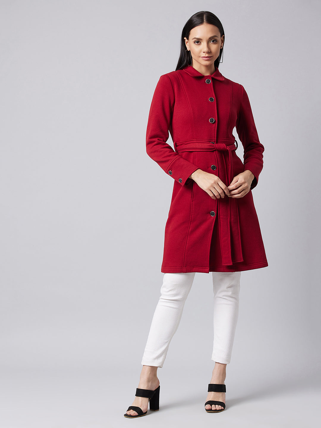 Women's Maroon Collared Full Sleeve Solid Tie-up Longline Jacket