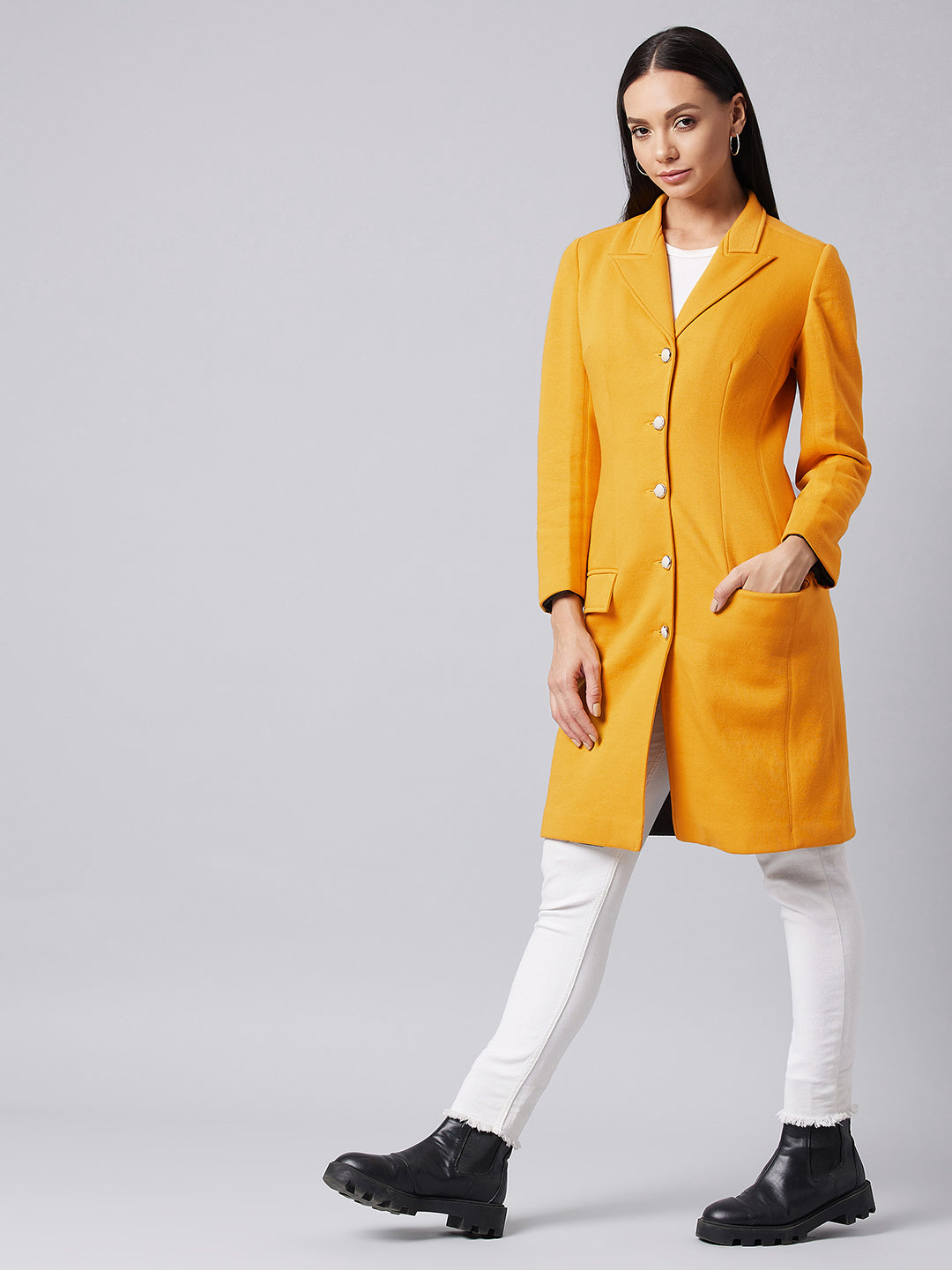 Women's Mustard Notch Collar Full Sleeve Solid Front-Open Knee Length Jacket