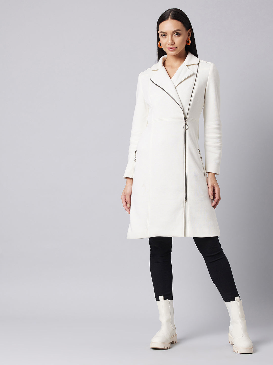 Women's Off-White Notch Collar Multi Panelled Full Sleeve Solid Double Breasted Knee Length Jacket