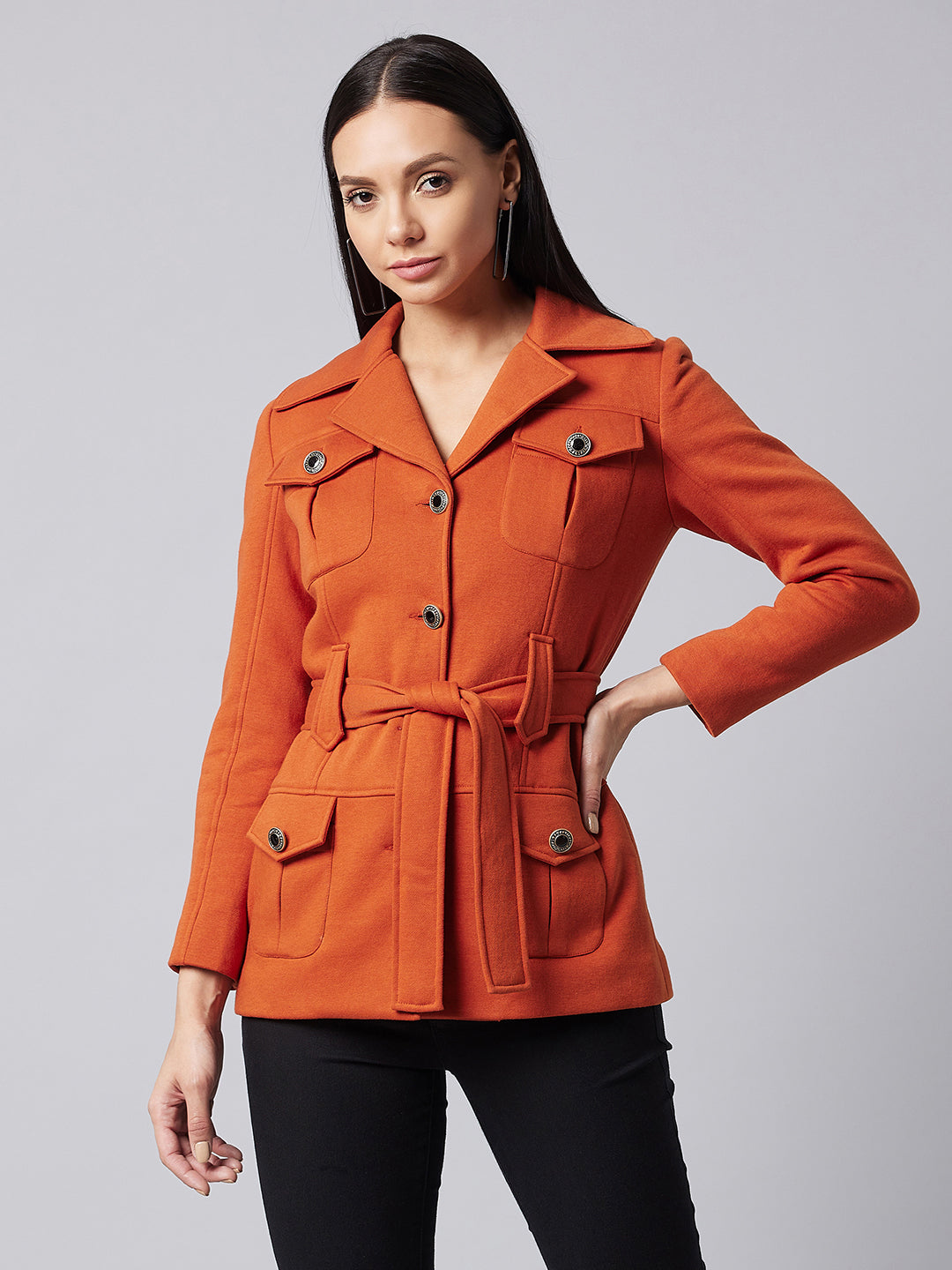 Women's Rust Notch Collar Full Sleeve Solid Safari Longline Jacket