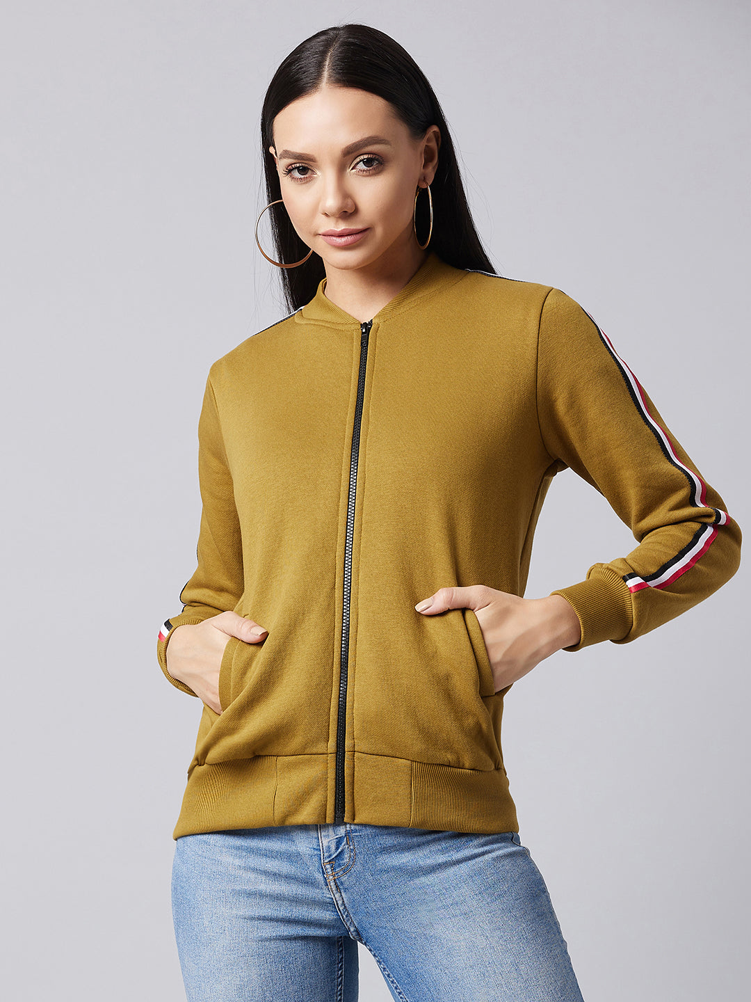 Women's Olive V-Neck Full Sleeve Solid Bomber Regular Jacket