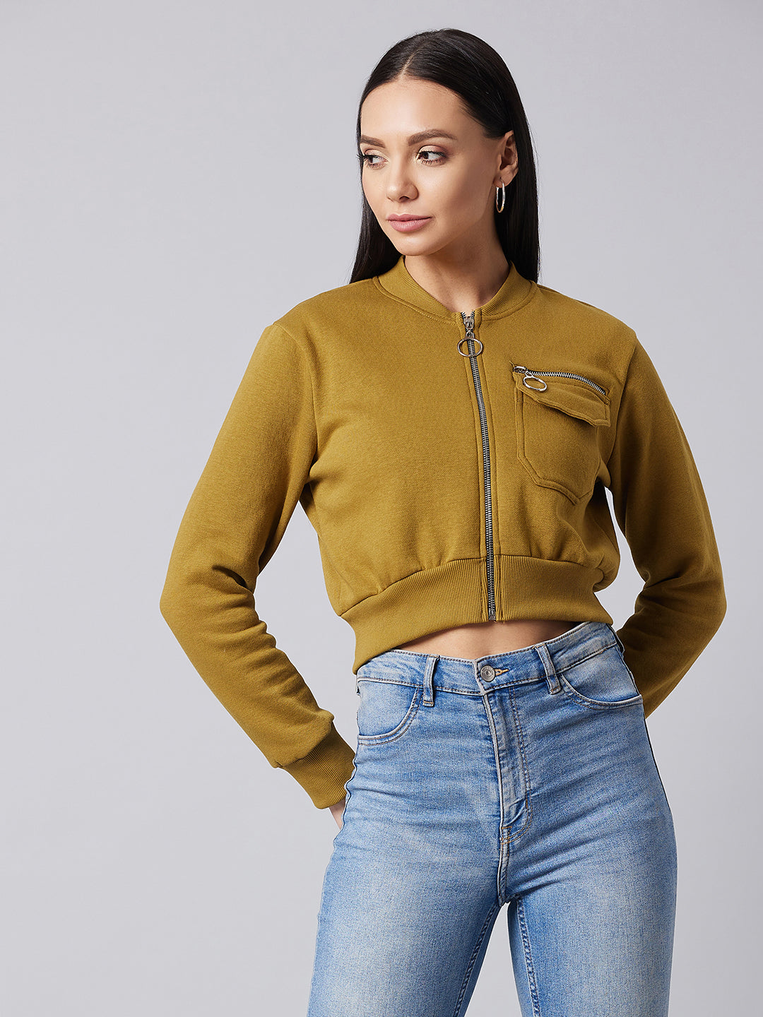 Women's Olive Stand Collar Full Sleeve Solid Boxy/Bomber Crop Jacket