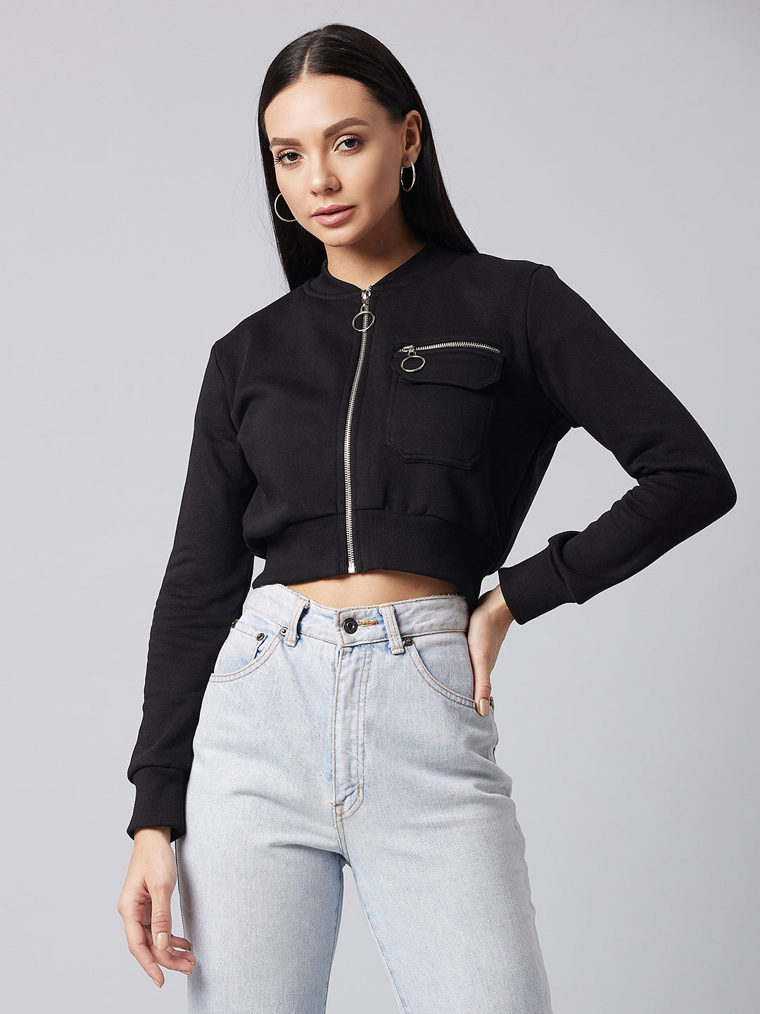 Women's Black Stand Collar Full Sleeve Solid Boxy/Bomber Crop Jacket