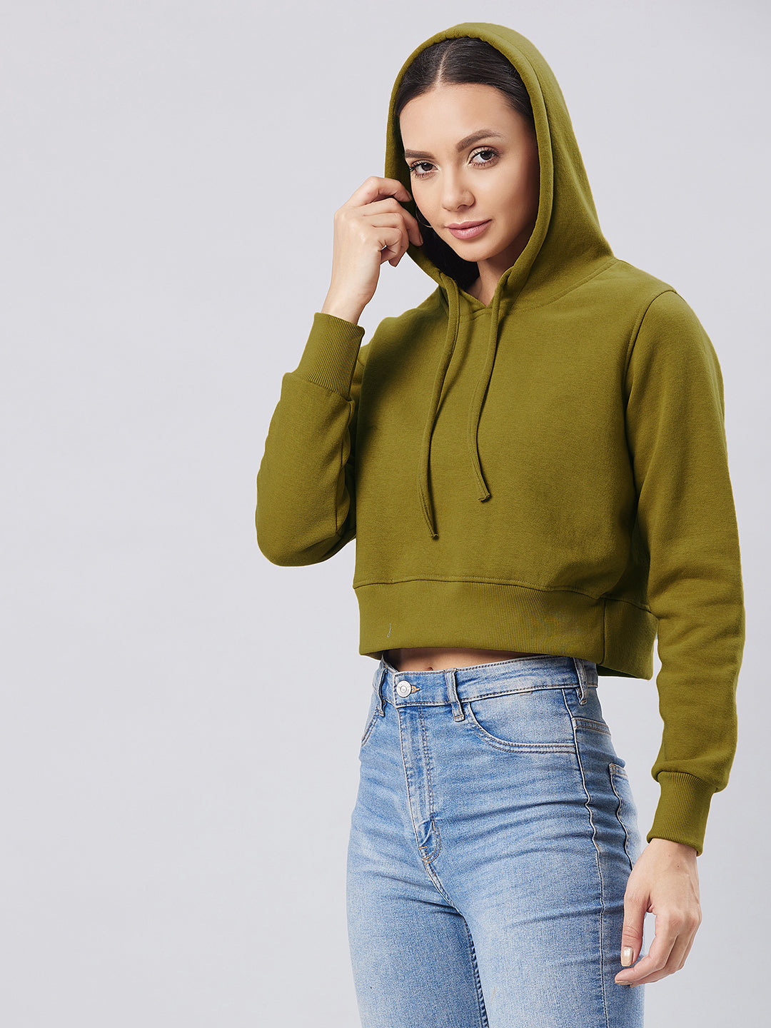 Women's Olive Round Neck Full Sleeve Solid Hooded Crop Sweatshirt