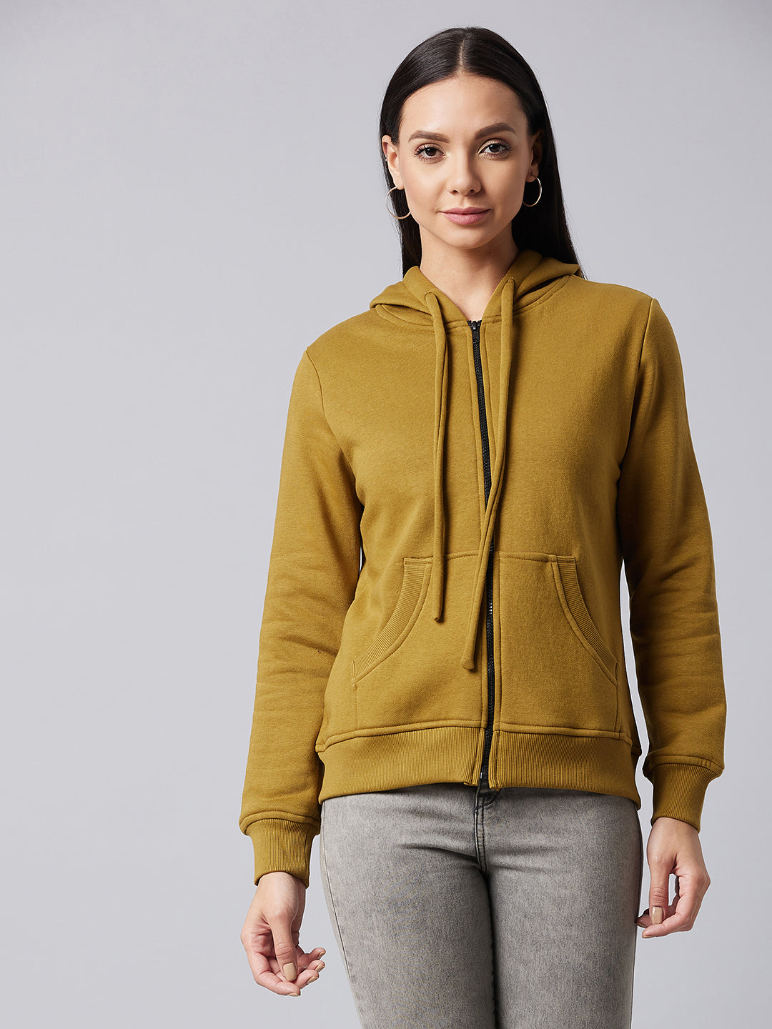 Women's Olive Round Neck Full Sleeve Solid Hooded Regular Sweatshirt