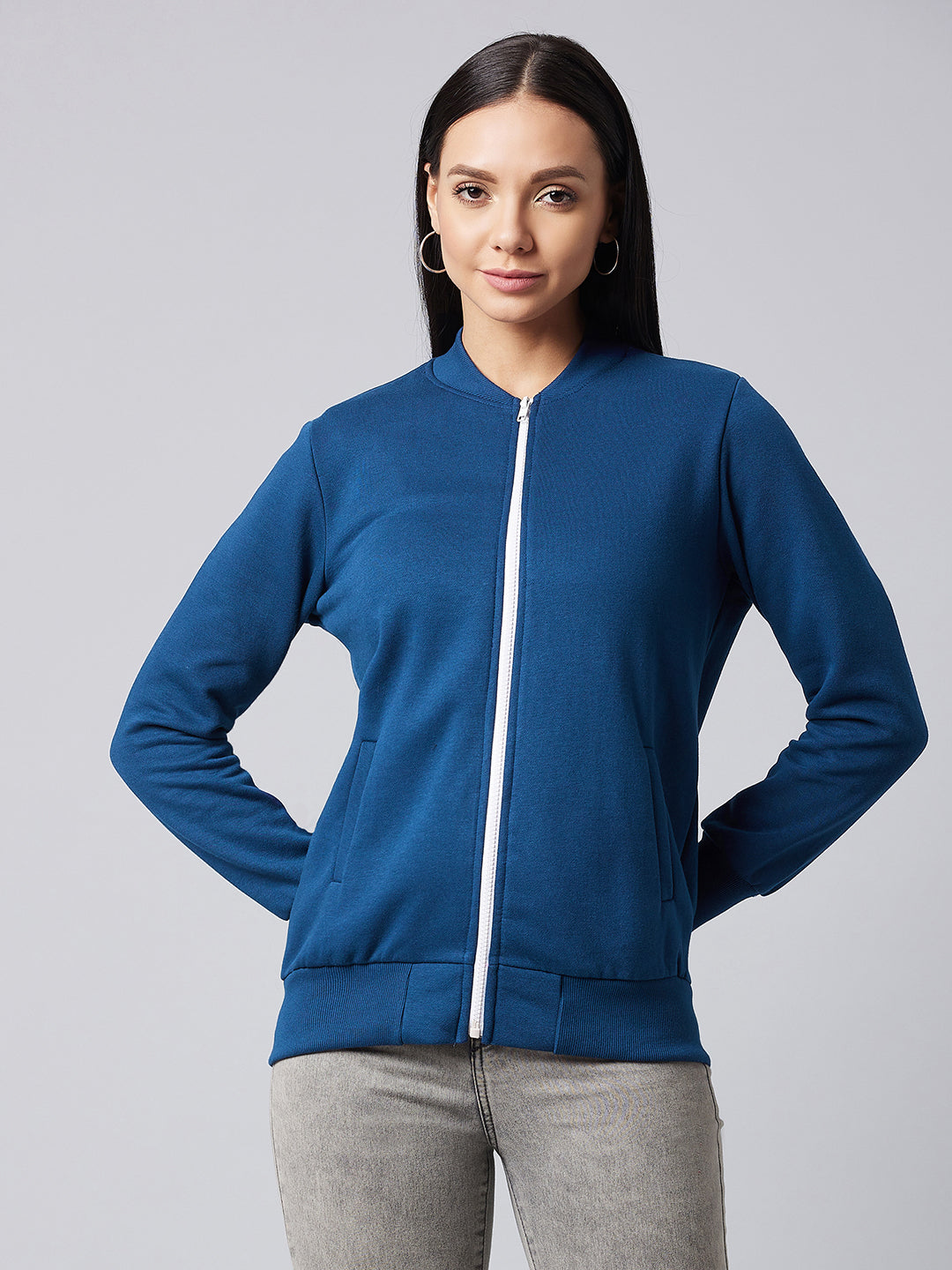 Women's Navy-Blue Round Neck Full Sleeve Solid Bomber Regular Jacket