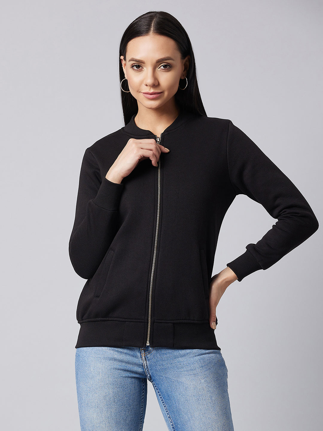 Women's Black V-Neck Full Sleeve Solid Bomber Regular Jacket