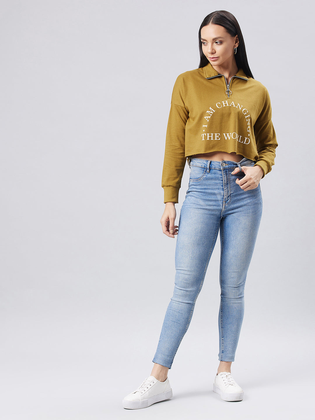 Women's Olive Collared Full Sleeve Solid Boxy/Printed Crop Sweatshirt