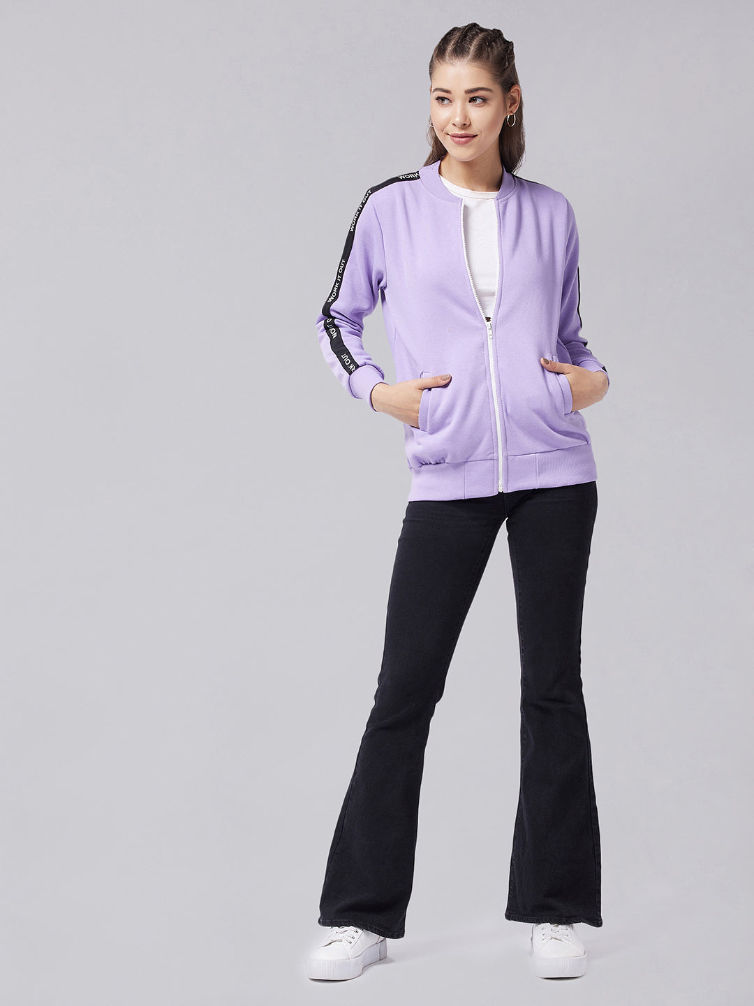 Women's Lavender V Neck Full Sleeves Solid Bomber Regular Jacket