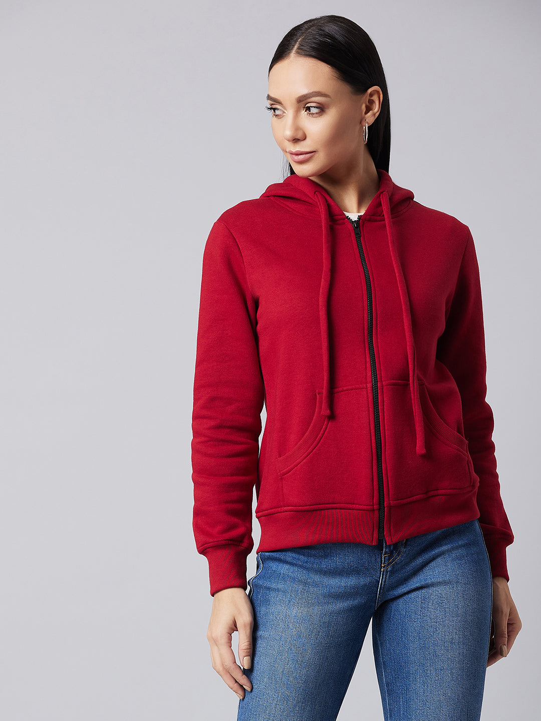 Women's Maroon Round Neck Full Sleeve Solid Hooded Regular  Sweatshirt