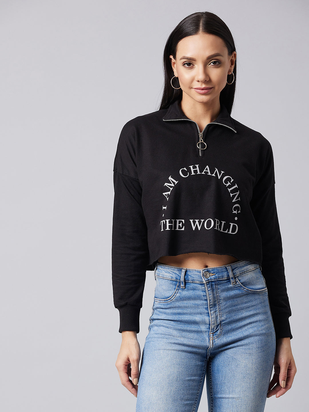 Women's Black Collared Full Sleeve Solid Boxy Crop Sweatshirt