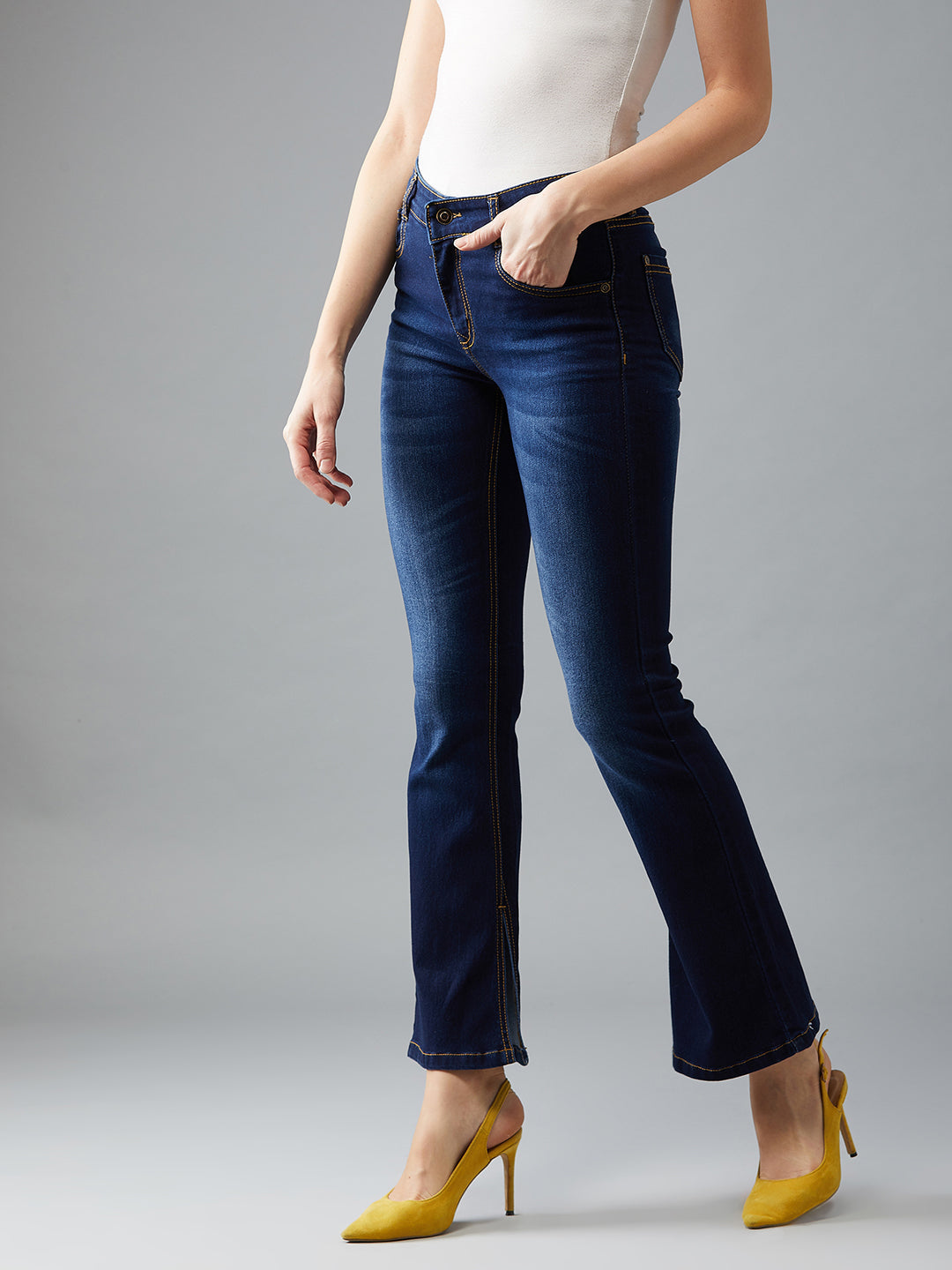 Women's Blue Bootcut Mid Rise Regular Length Denim Stretchable Jeans