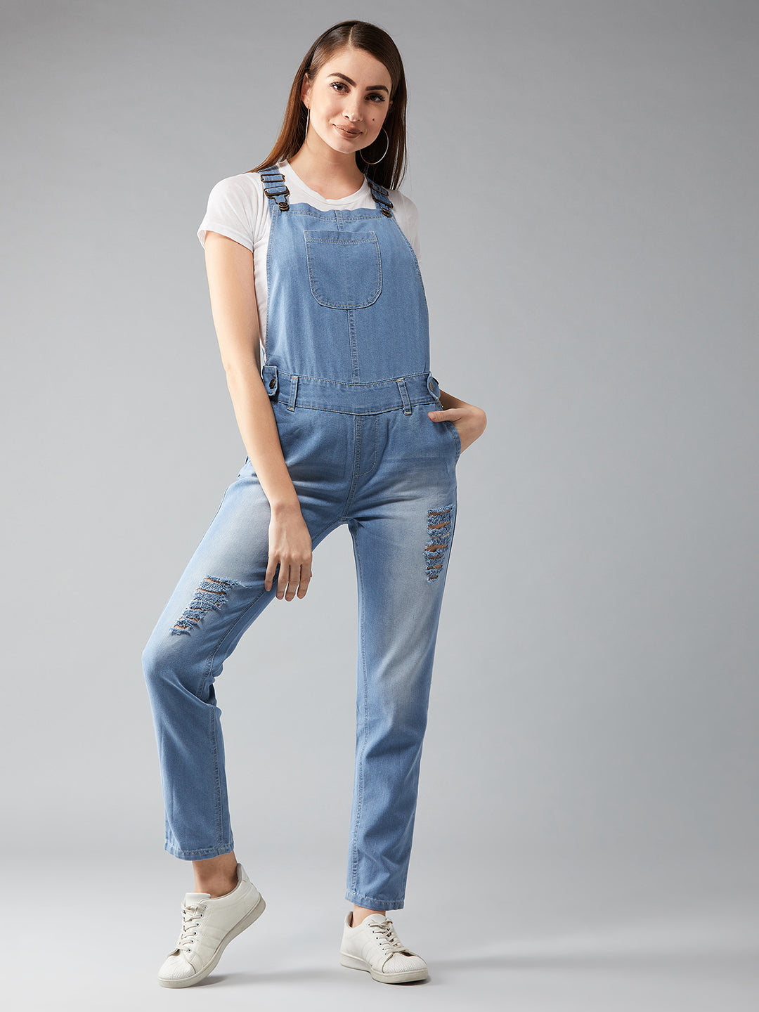 Women's Light Blue Regular Fit Mid Rise Regular Length Ripped Denim Dungaree