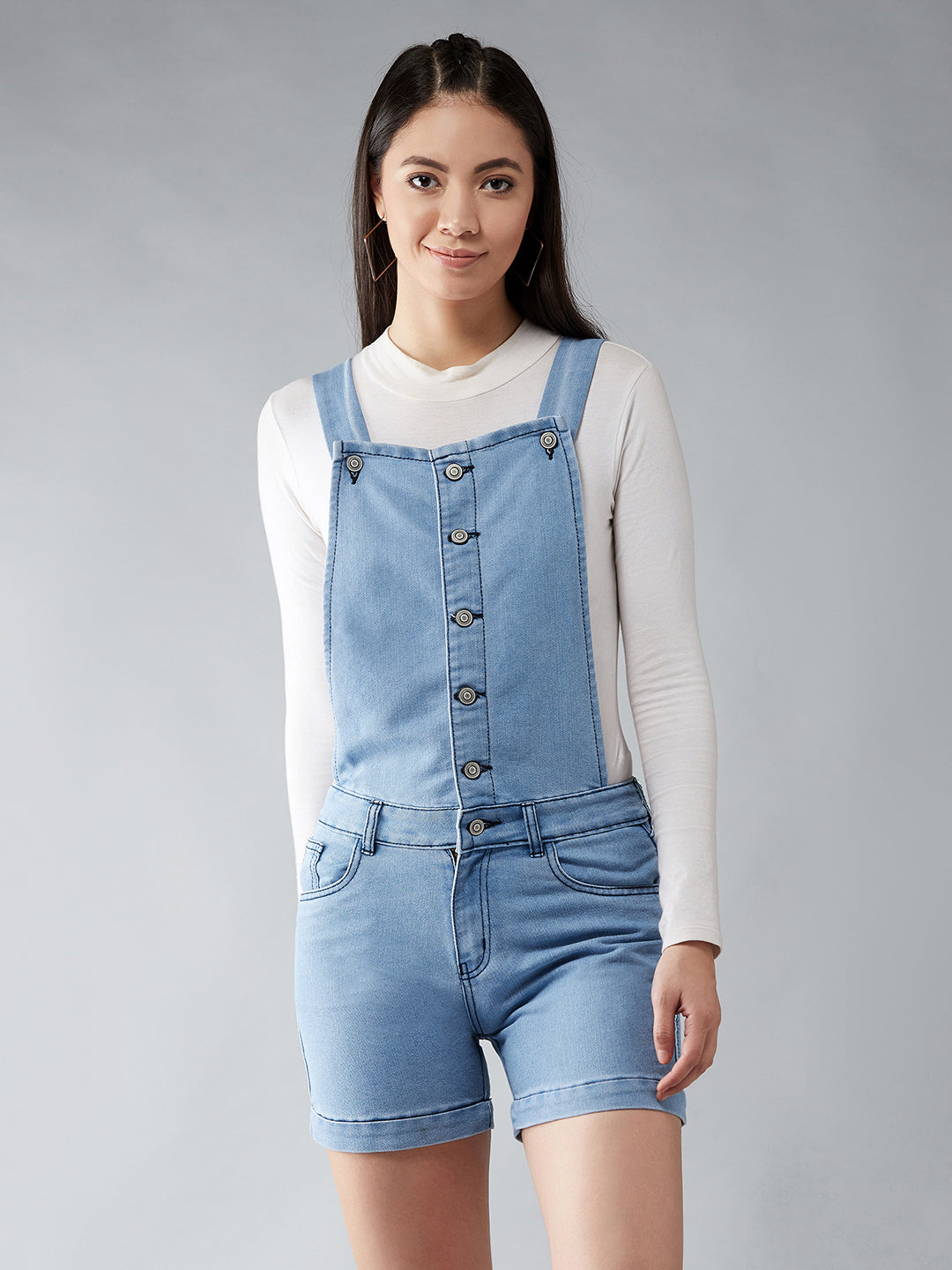 Women's Light Blue Regular Fit Mid Rise Mini Solid Denim Dungaree