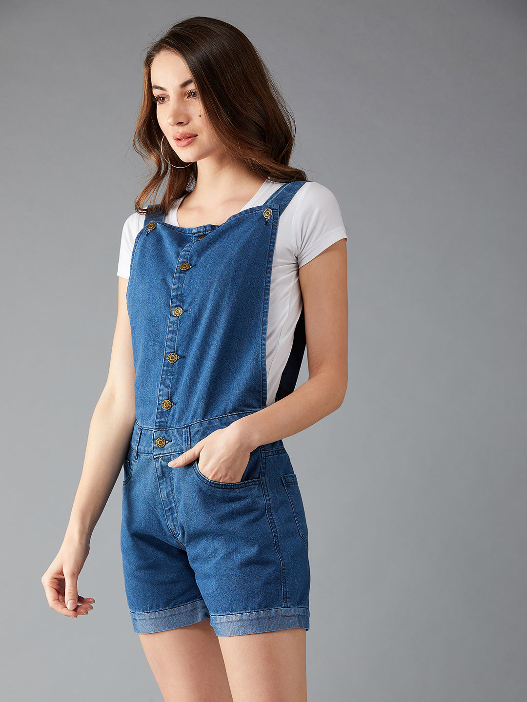 Women's Blue Regular Fit Mid Rise Mini Solid Denim Dungaree