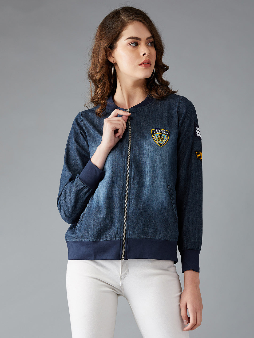 Women's Navy Blue V-Neck Full Sleeve Solid Embroidered Detail Patched Denim Bomber Jacket