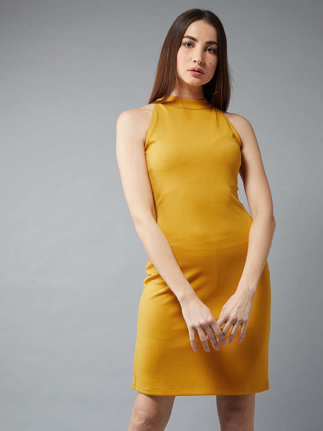 Women's Mustard Round Neck Sleeveless Solid Bodycon Knee Long Dress