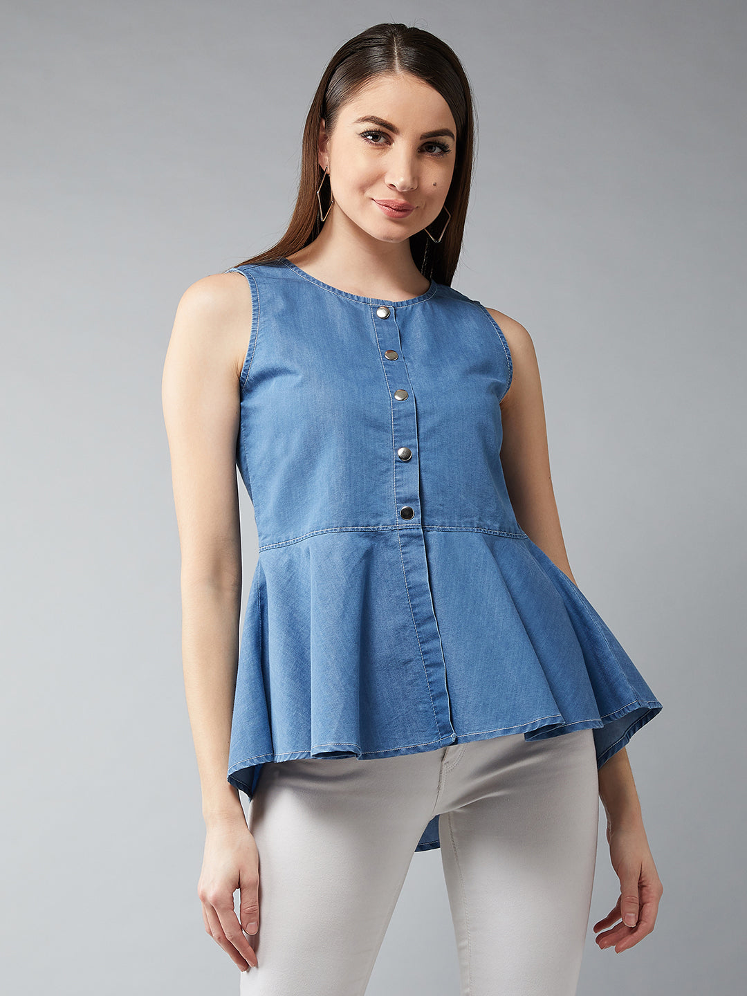 Women's Blue Round Neck Sleeveless Denim Front Open Solid Hooded Peplum Top