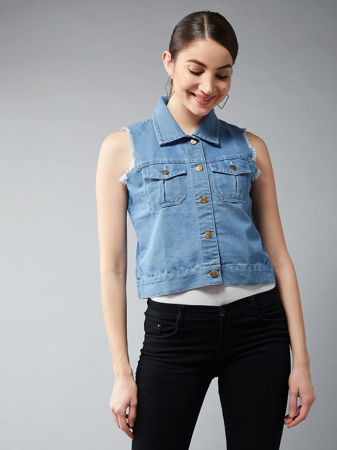 Women's Light Blue Polo Neck Sleeveless Denim Solid Buttoned Ice Wash Raw Edge Detailing Crop Denim Jacket