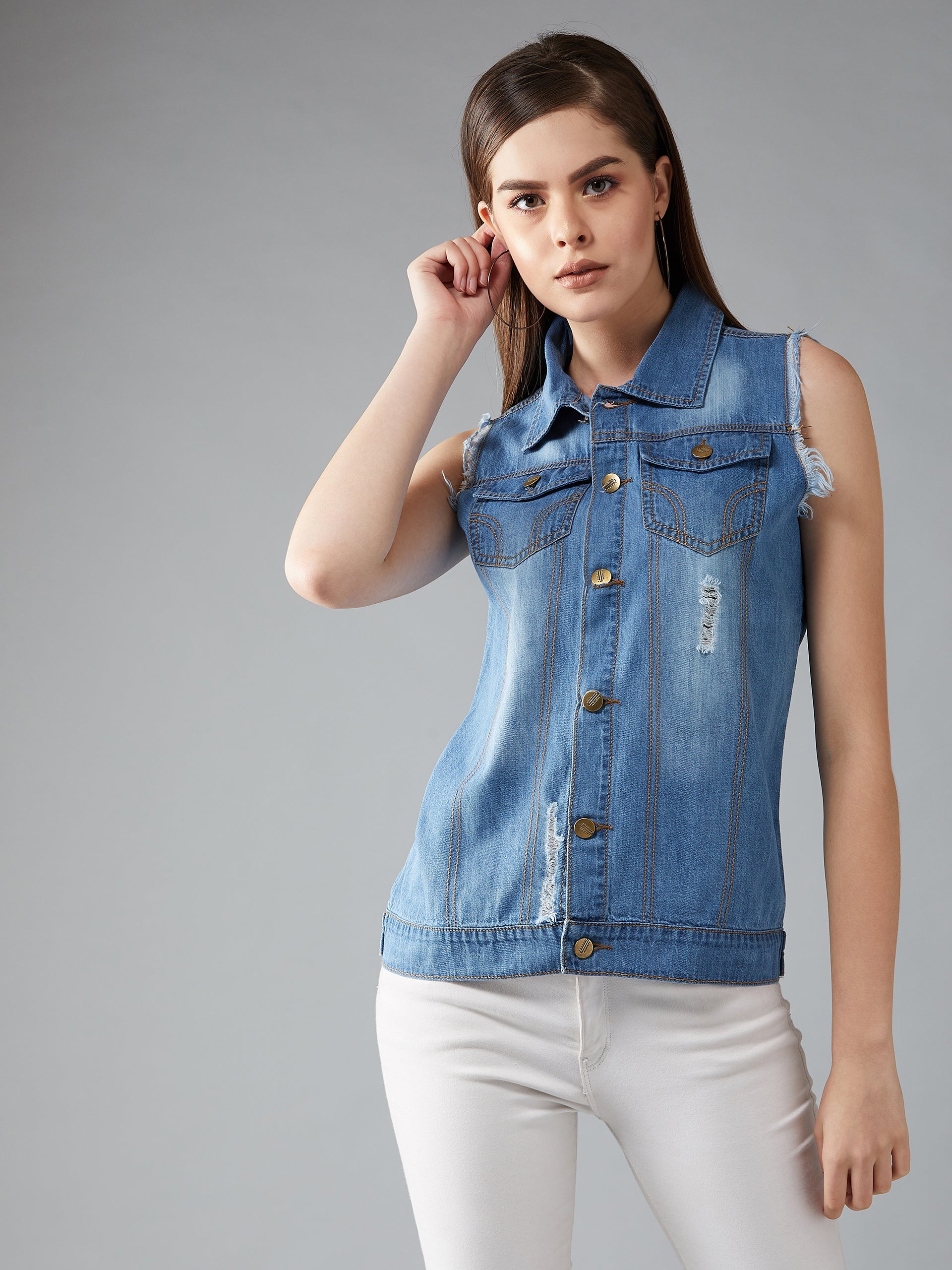 Women's Blue Polo Neck Sleeveless Denim Solid with Fringe Edge Detailing Jacket