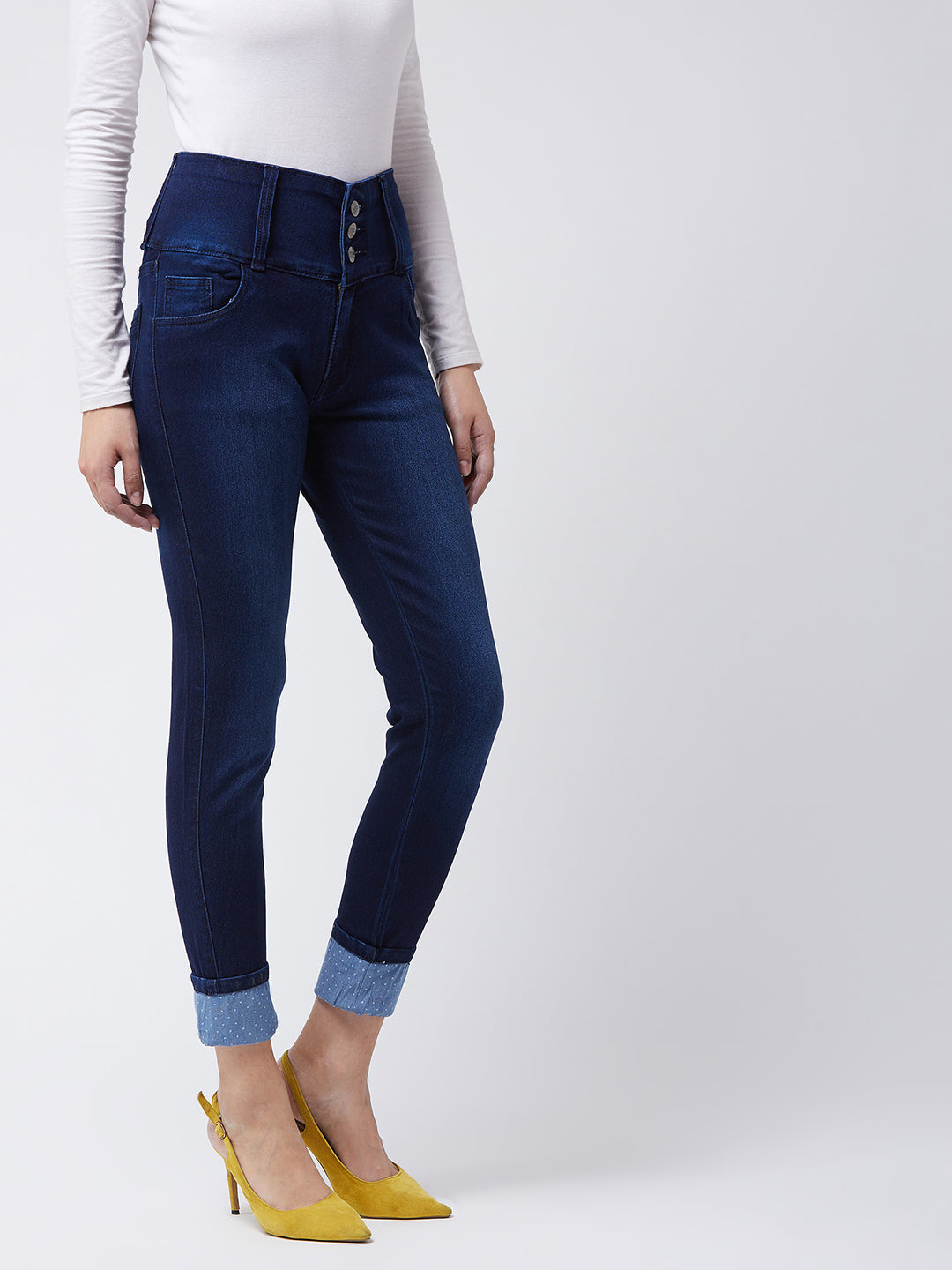 Women's Navy Blue Skinny Fit High Rise Printed Turner Detailing Stretchable High Waist Denim Jeans