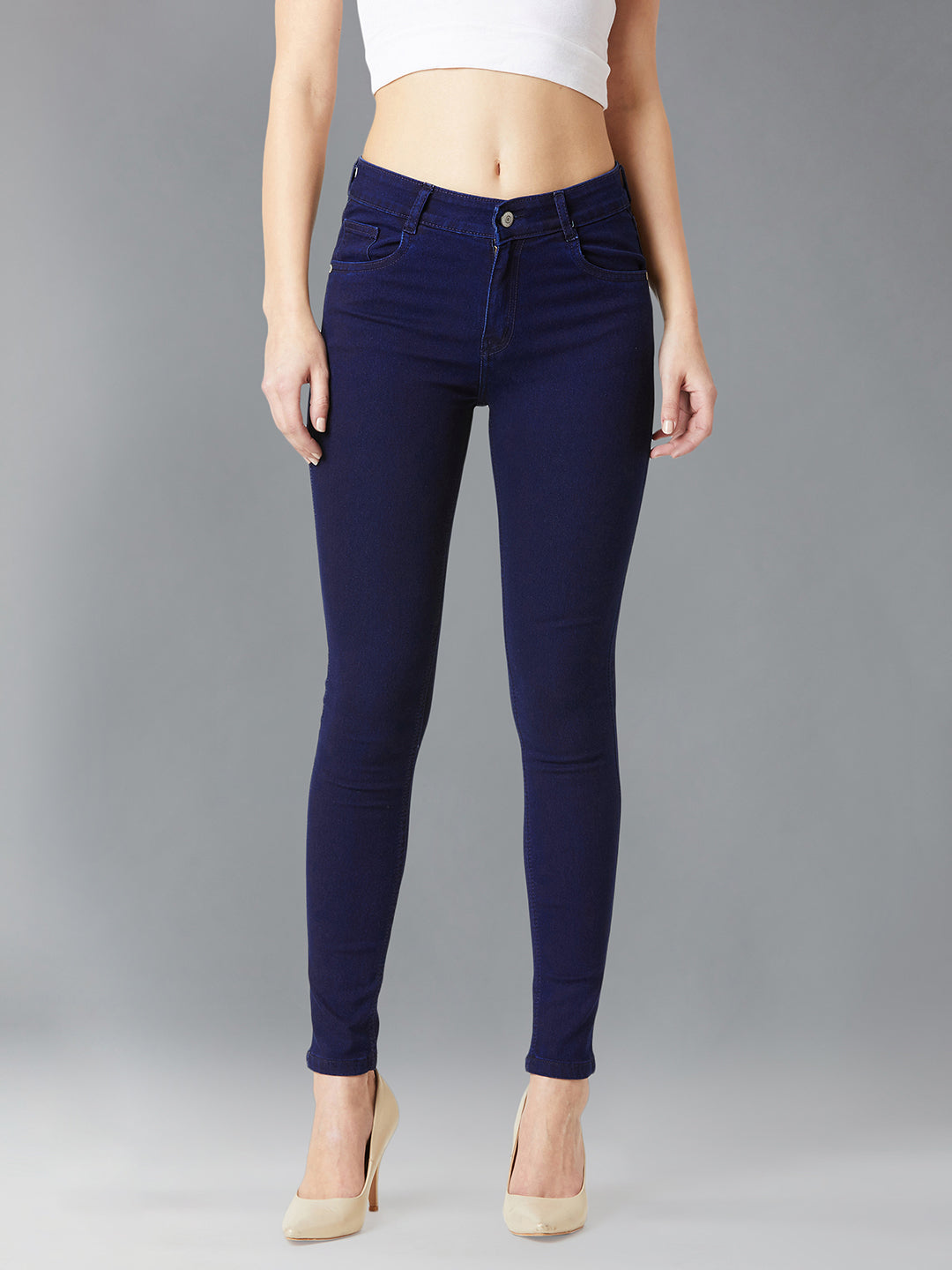 24/7 Comfort Navy Blue Printed Fabric Detailing Skinny Fit Mid Rise Denim Stretchable Jeans