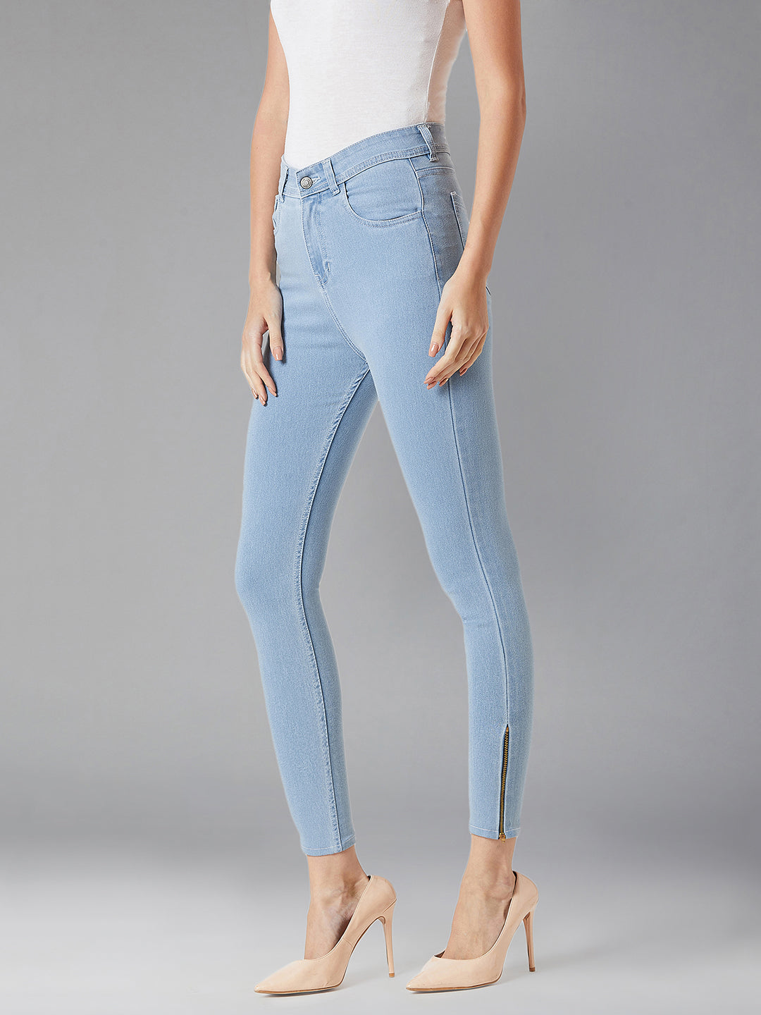 Women's Light Blue Skinny High-Rise Distressed Cropped Denim Jeans