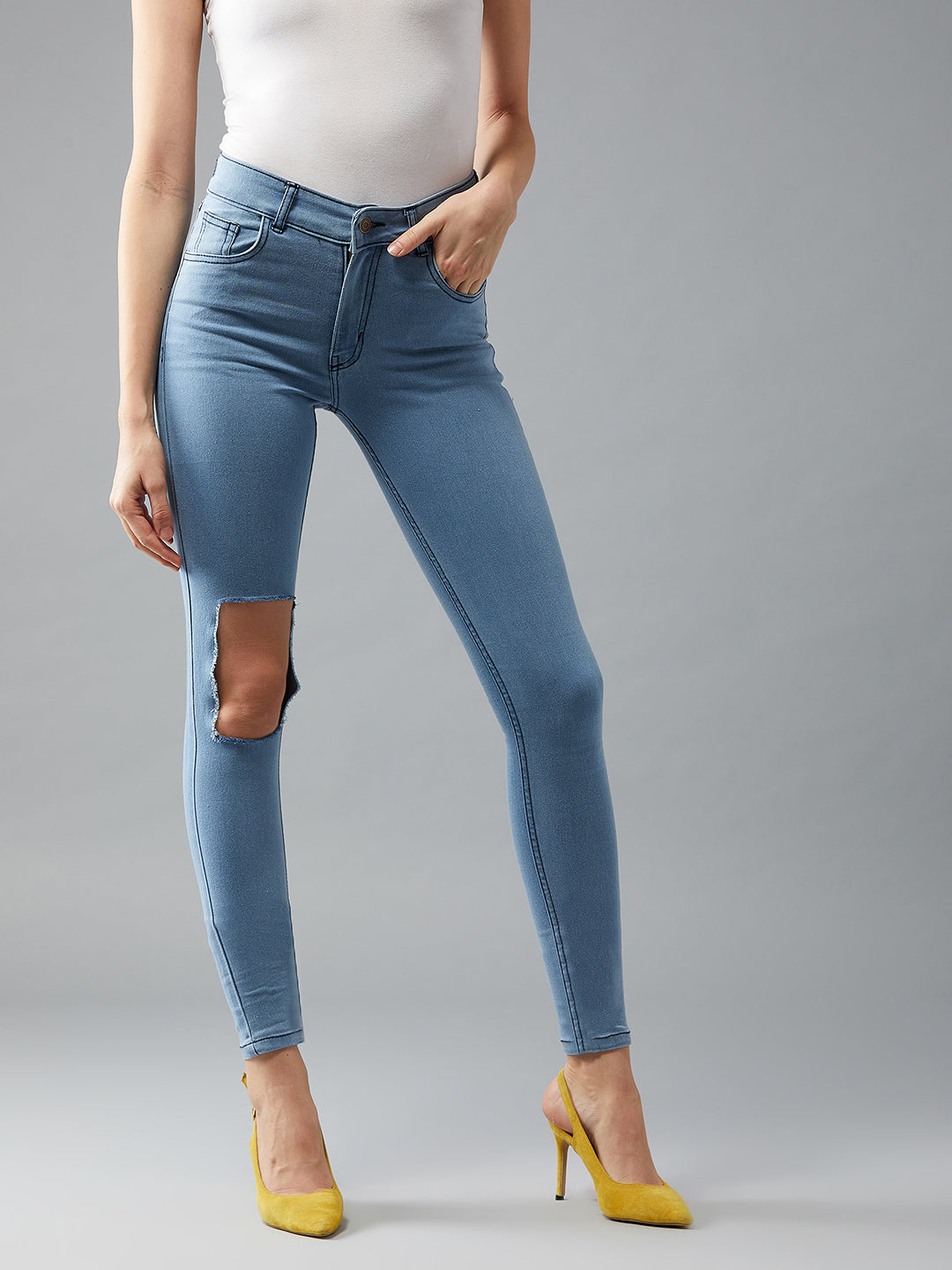 Women's Light Blue Skinny Mid Rise  knee Cut-out detailing  Stretchable Denim Jeans