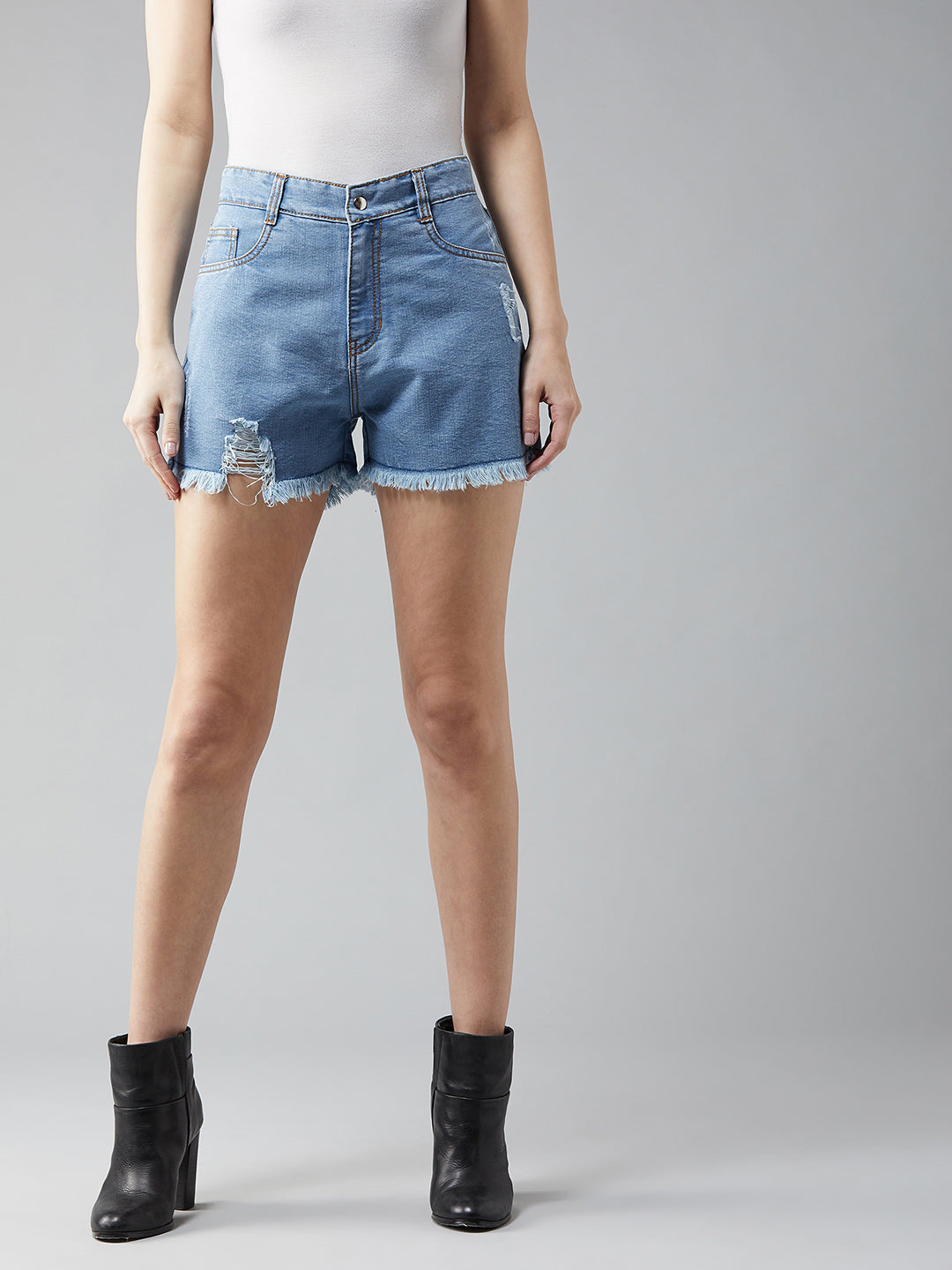 Women's Blue Relaxed Fit Highly Distressed Mid Rise Ripped Denim Shorts