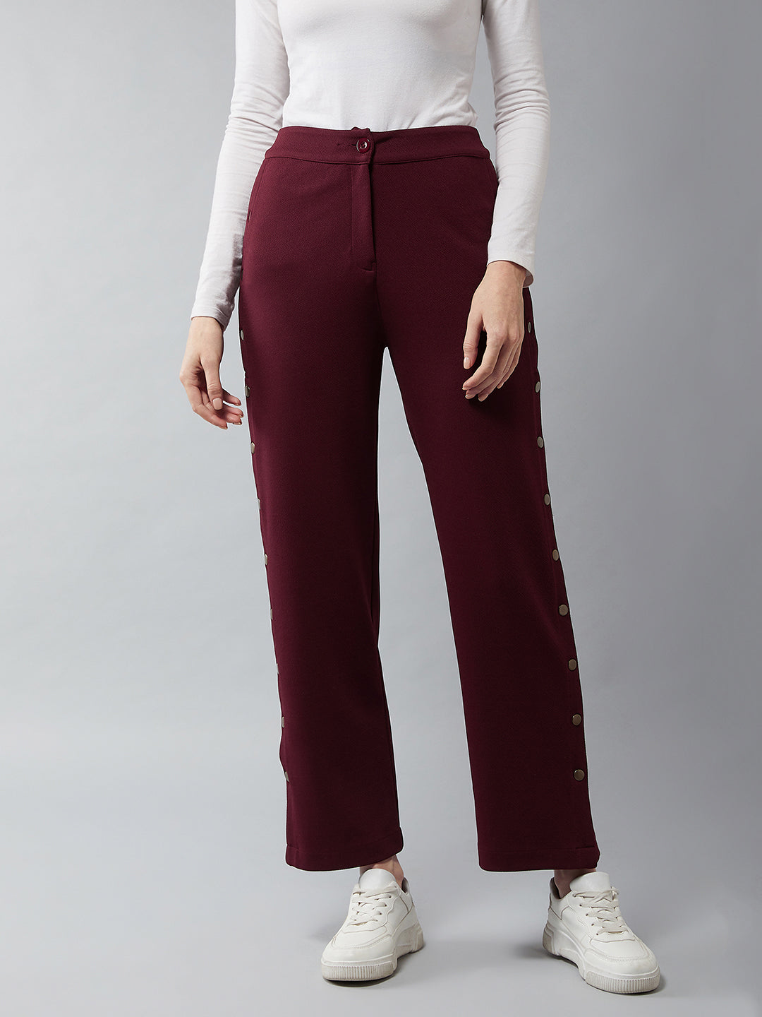 Women's Wine Red Solid Regular Fit Flared Trouser