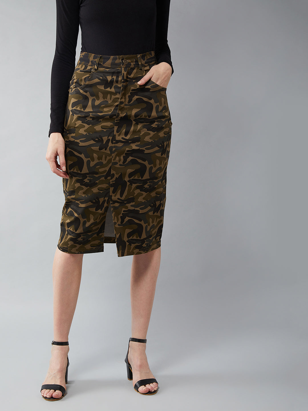 Women's Multicolor- Base Olive Green Cotton Printed Bodycon Midi Skirt