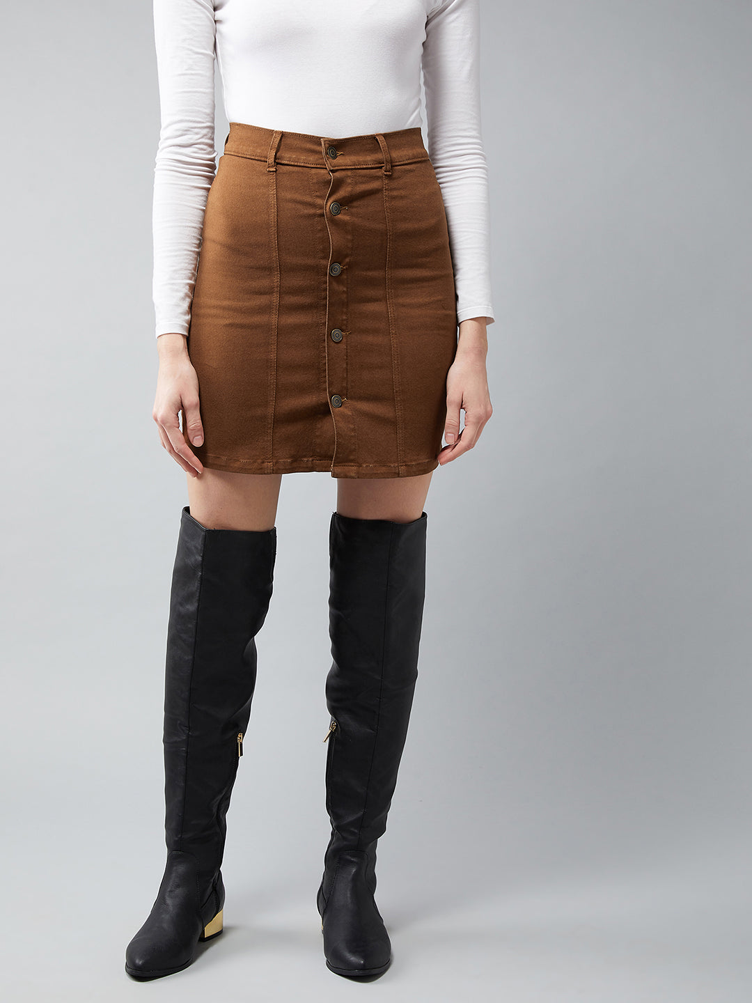 Women's Brown Stretchable Solid A-line Mini Denim Skirt